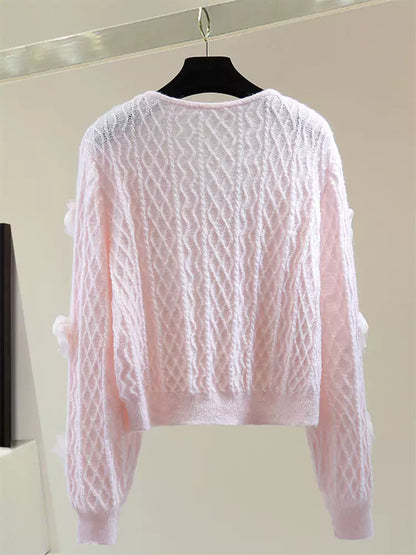 Suéter de punto corto con cuello en V y flores brillantes con detalles de diamantes