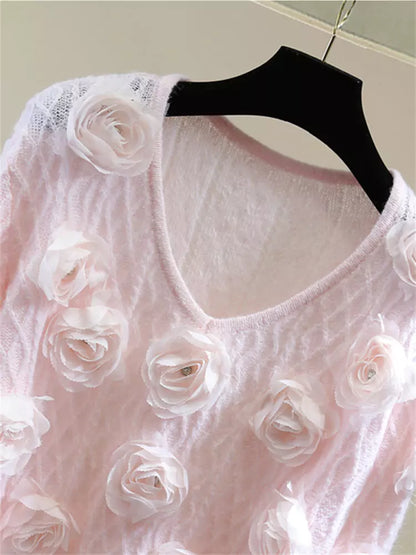 Suéter de punto corto con cuello en V y flores brillantes con detalles de diamantes