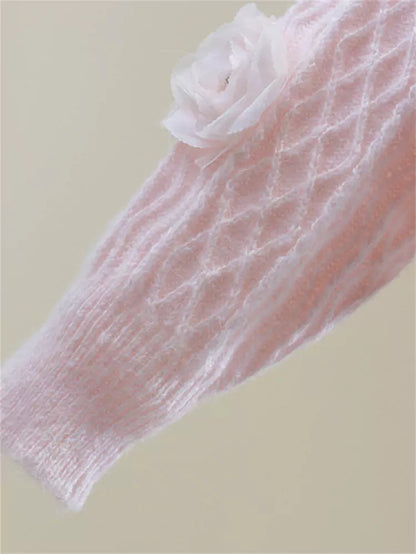 Suéter de punto corto con cuello en V y flores brillantes con detalles de diamantes