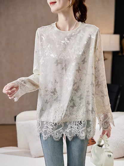 Spring Round Neck Lace Patchwork Jacquard Chiffon Blouse