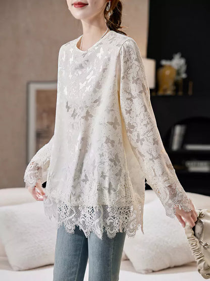 Spring Round Neck Lace Patchwork Jacquard Chiffon Blouse