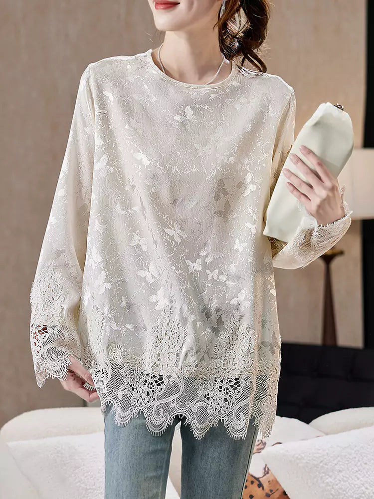 Spring Round Neck Lace Patchwork Jacquard Chiffon Blouse