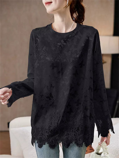 Spring Round Neck Lace Patchwork Jacquard Chiffon Blouse