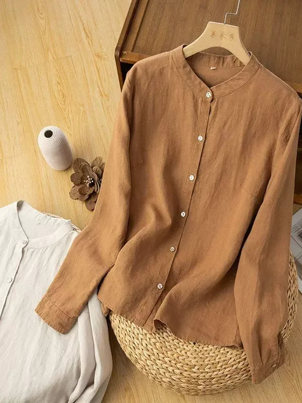 Stand Collar Button Down Long Sleeve Shirt Cotton Linen Blend