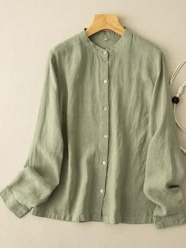 Stand Collar Button Down Long Sleeve Shirt Cotton Linen Blend
