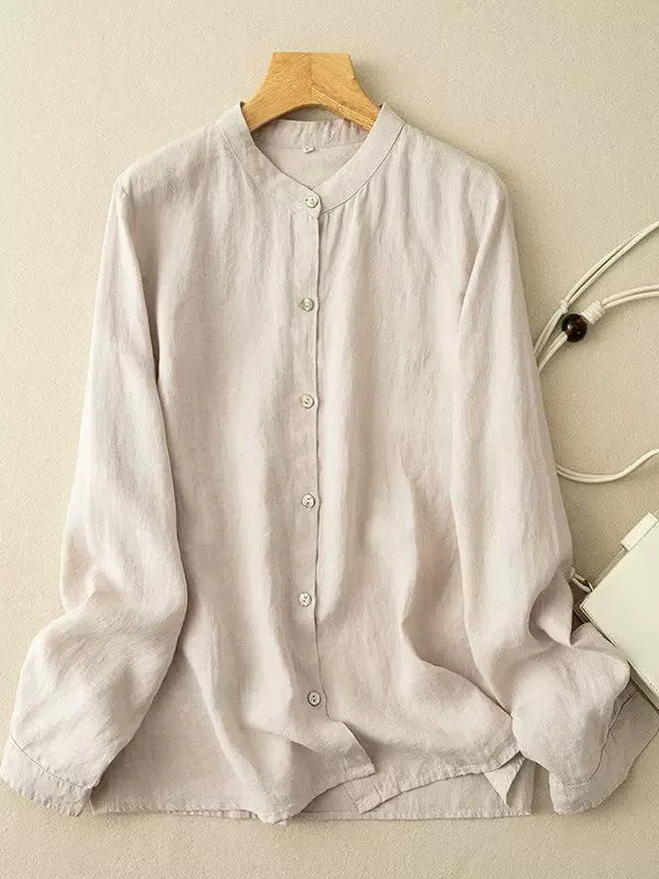 Stand Collar Button Down Long Sleeve Shirt Cotton Linen Blend