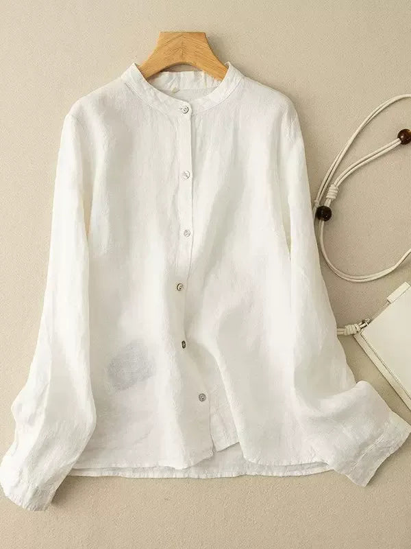 Stand Collar Button Down Long Sleeve Shirt Cotton Linen Blend