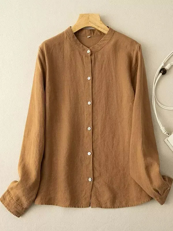 Stand Collar Button Down Long Sleeve Shirt Cotton Linen Blend