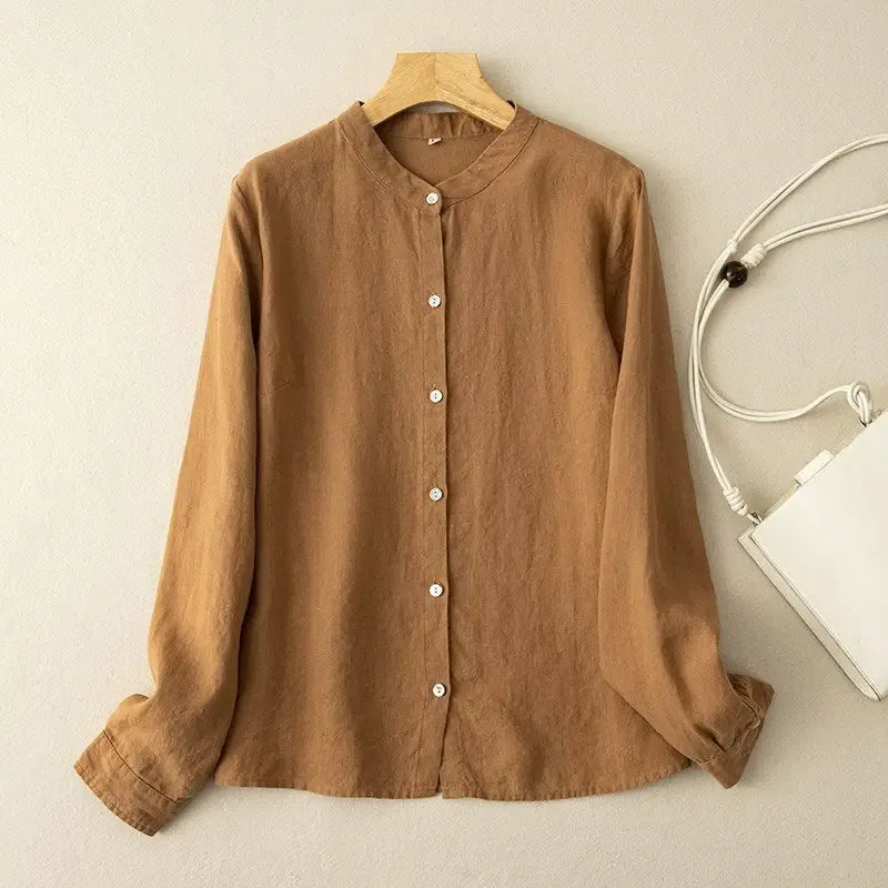 Stand Collar Button Down Long Sleeve Shirt Cotton Linen Blend - Caramel