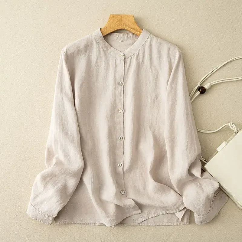 Stand Collar Button Down Long Sleeve Shirt Cotton Linen Blend - Natural Linen