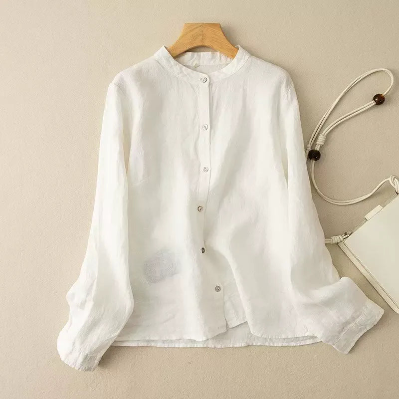 Stand Collar Button Down Long Sleeve Shirt Cotton Linen Blend - White