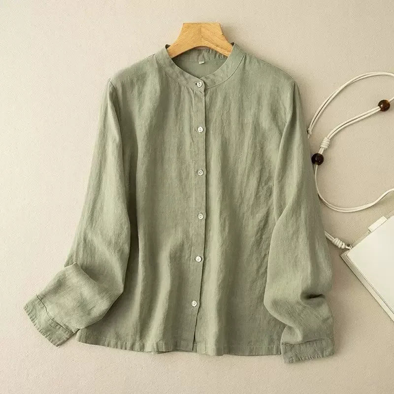 Stand Collar Button Down Long Sleeve Shirt Cotton Linen Blend - Green