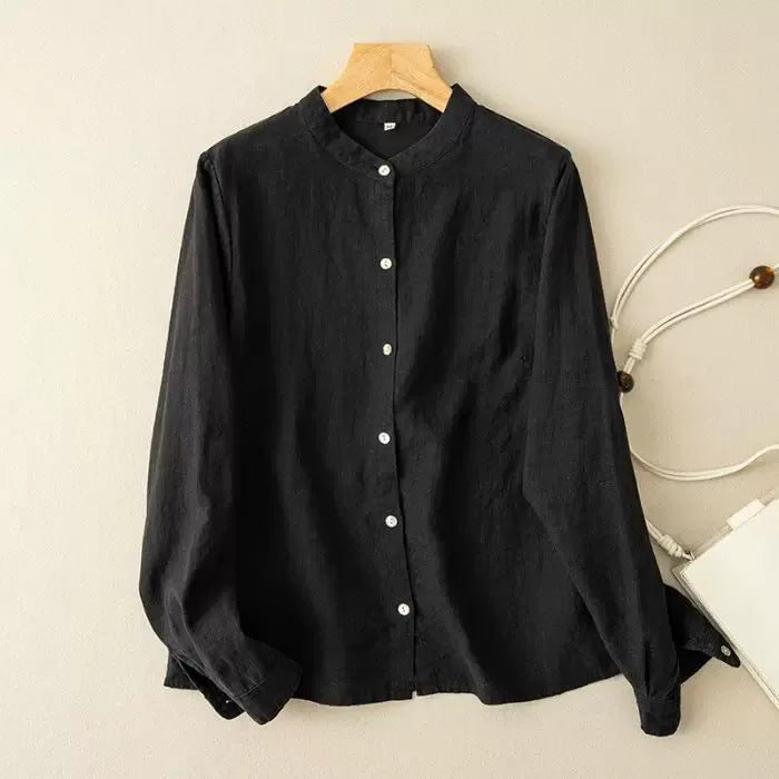 Stand Collar Button Down Long Sleeve Shirt Cotton Linen Blend - Black