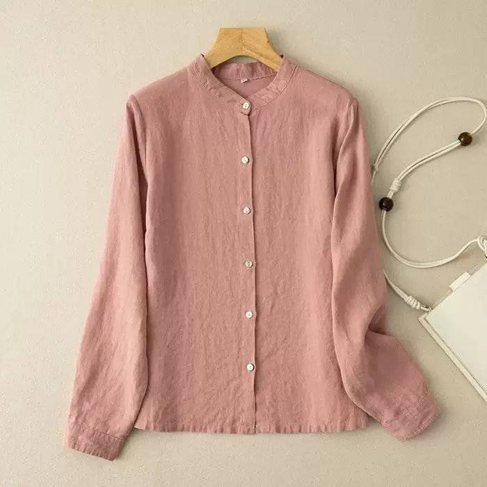 Stand Collar Button Down Long Sleeve Shirt Cotton Linen Blend - Pink