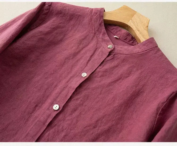 Stand Collar Button Down Long Sleeve Shirt Cotton Linen Blend