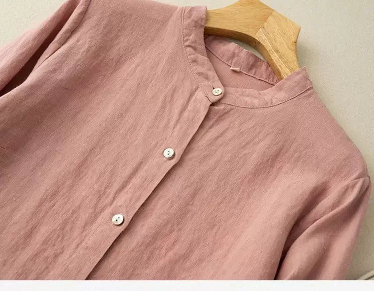 Stand Collar Button Down Long Sleeve Shirt Cotton Linen Blend
