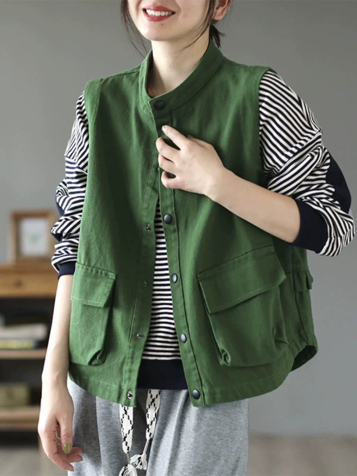 Stand Collar Button Front Ruffled Back Vest
