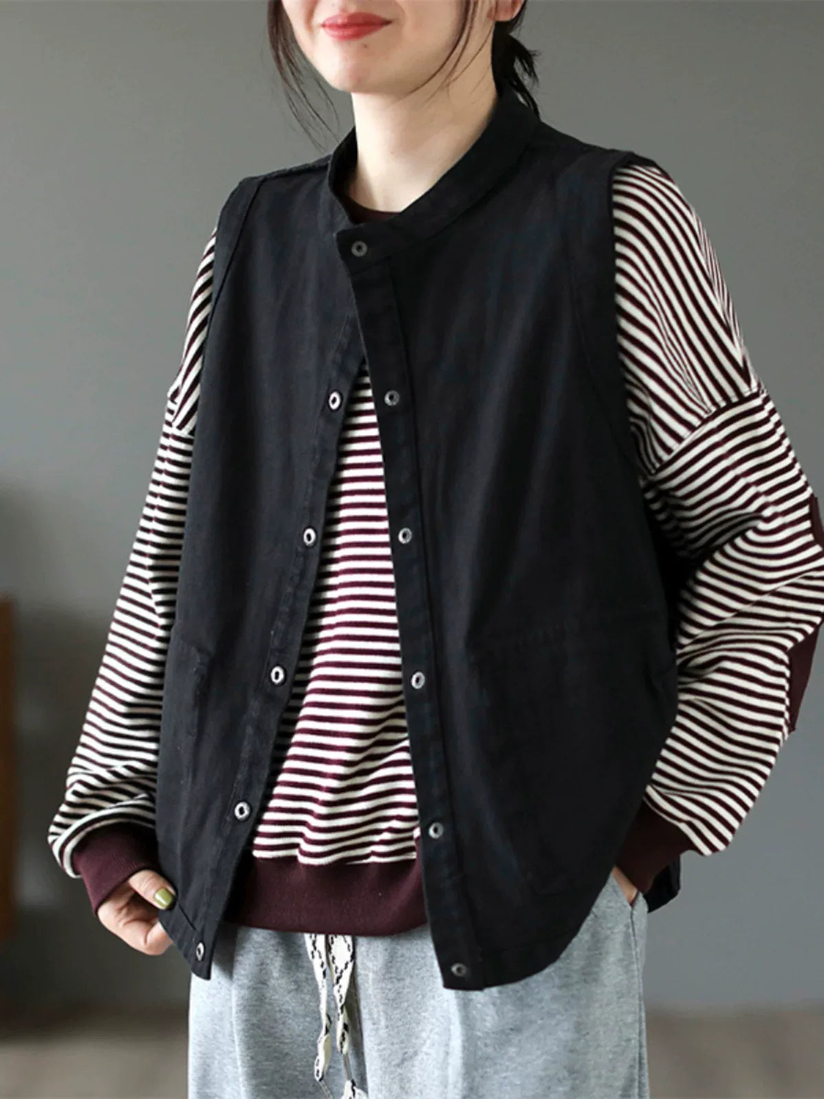 Stand Collar Button Front Ruffled Back Vest