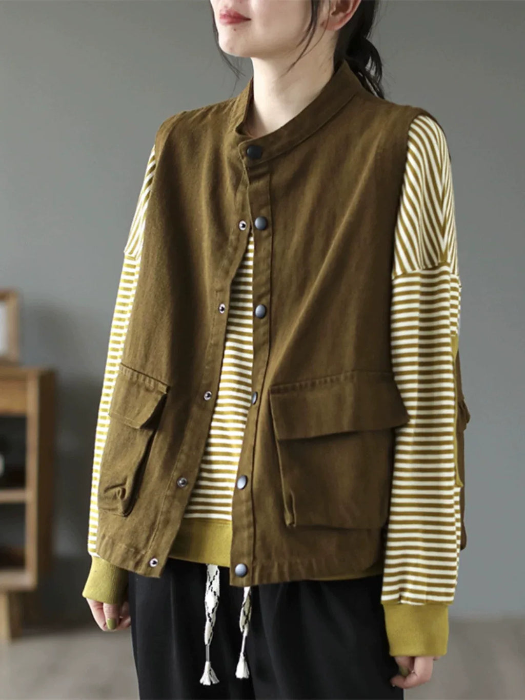 Stand Collar Button Front Ruffled Back Vest