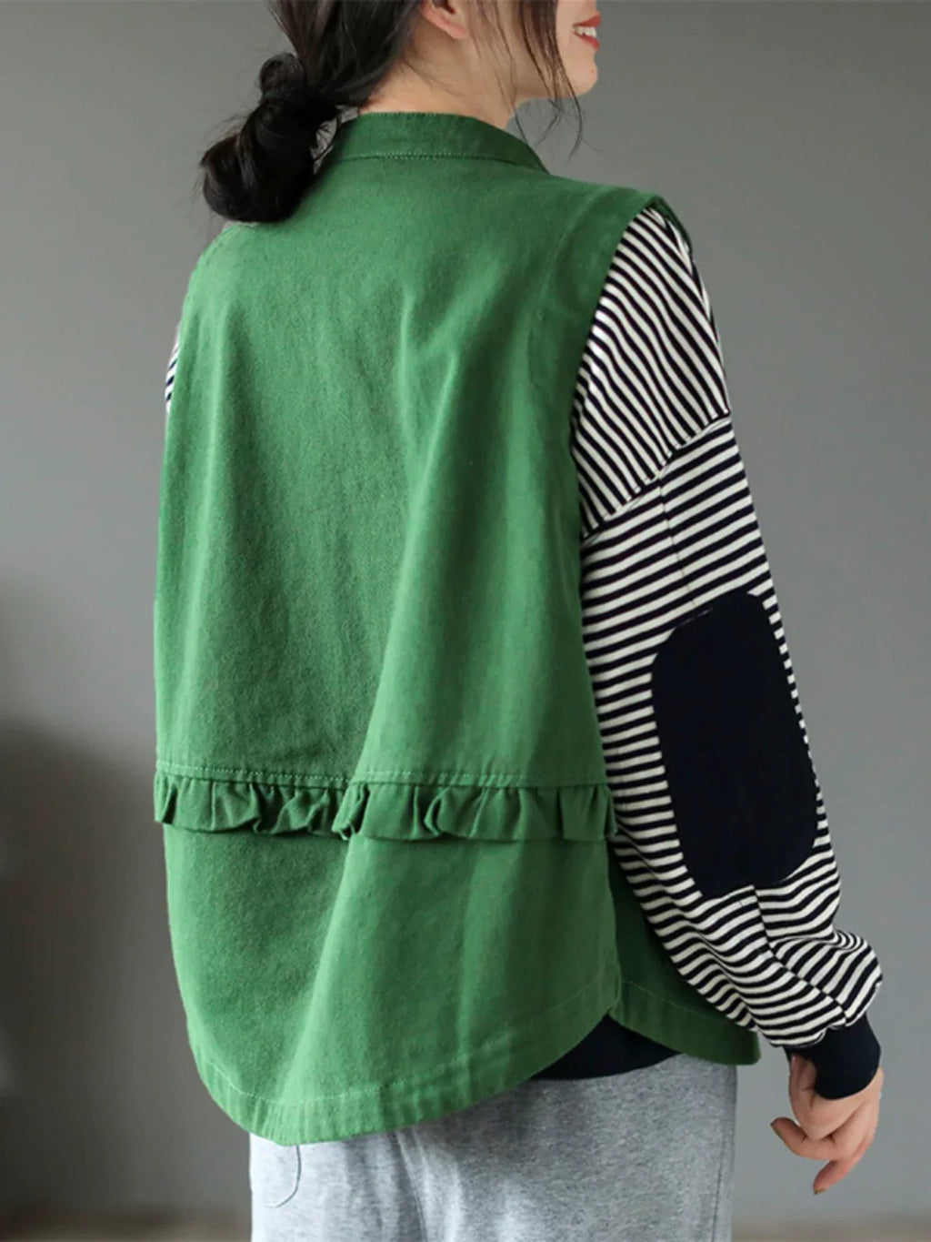 Stand Collar Button Front Ruffled Back Vest
