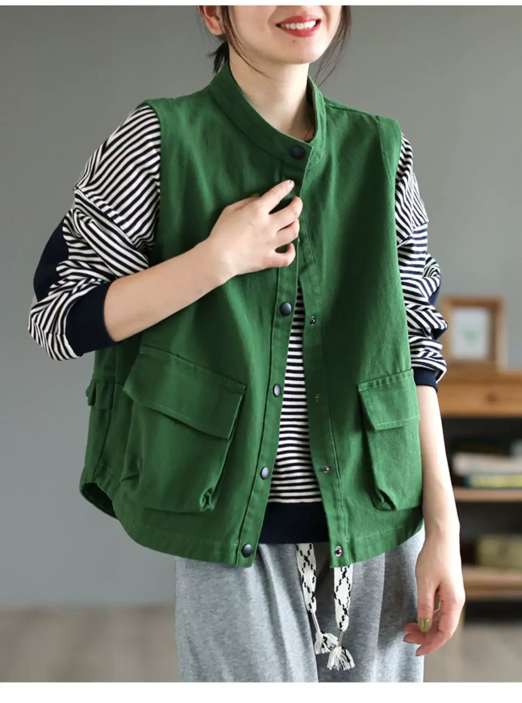Stand Collar Button Front Ruffled Back Vest