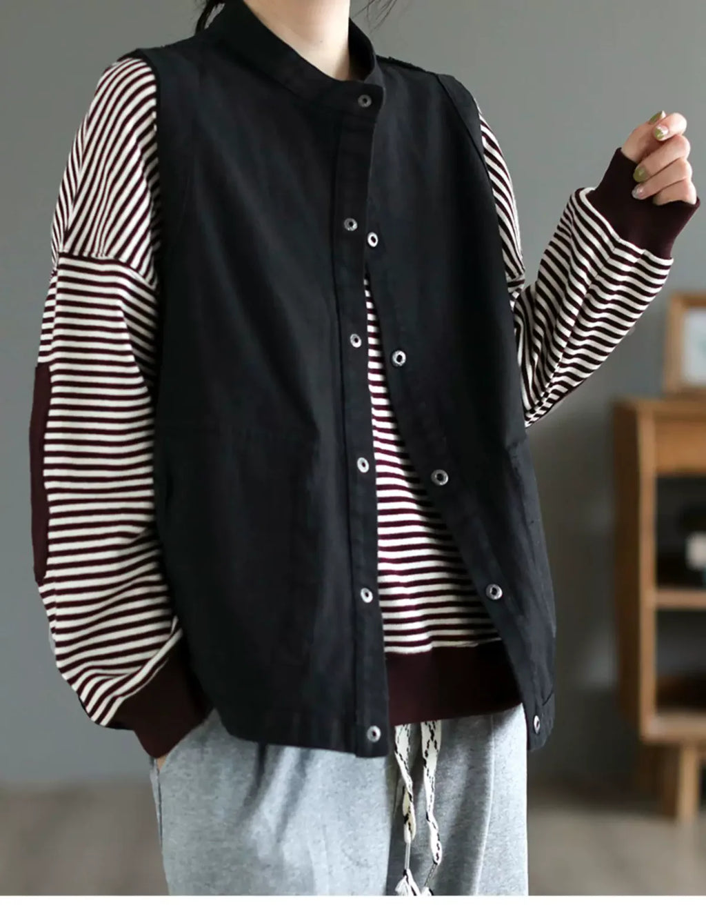 Stand Collar Button Front Ruffled Back Vest