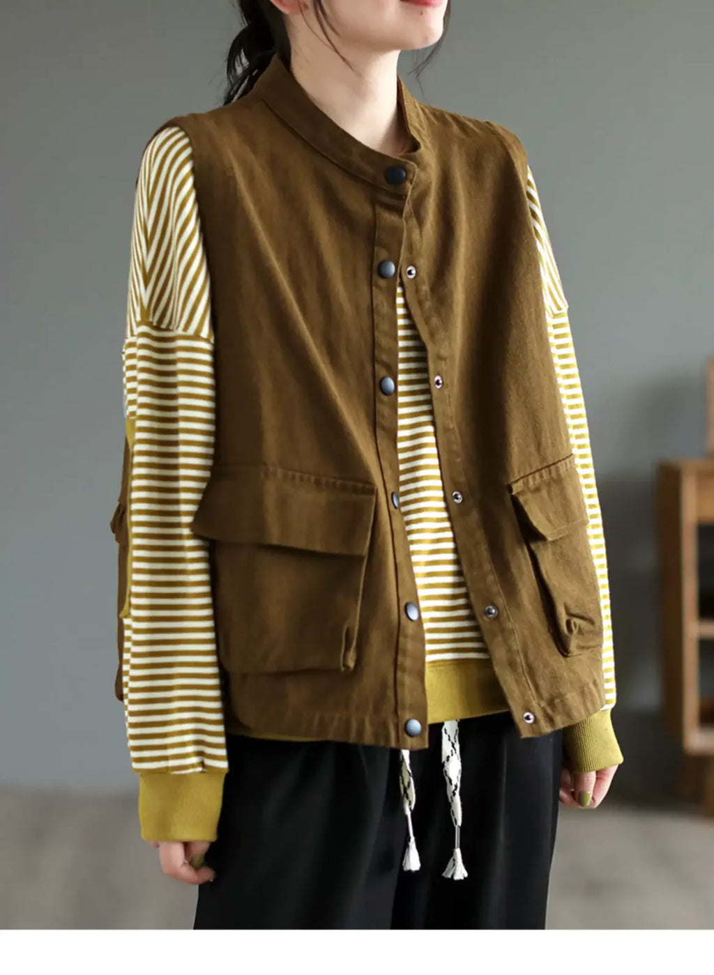 Stand Collar Button Front Ruffled Back Vest