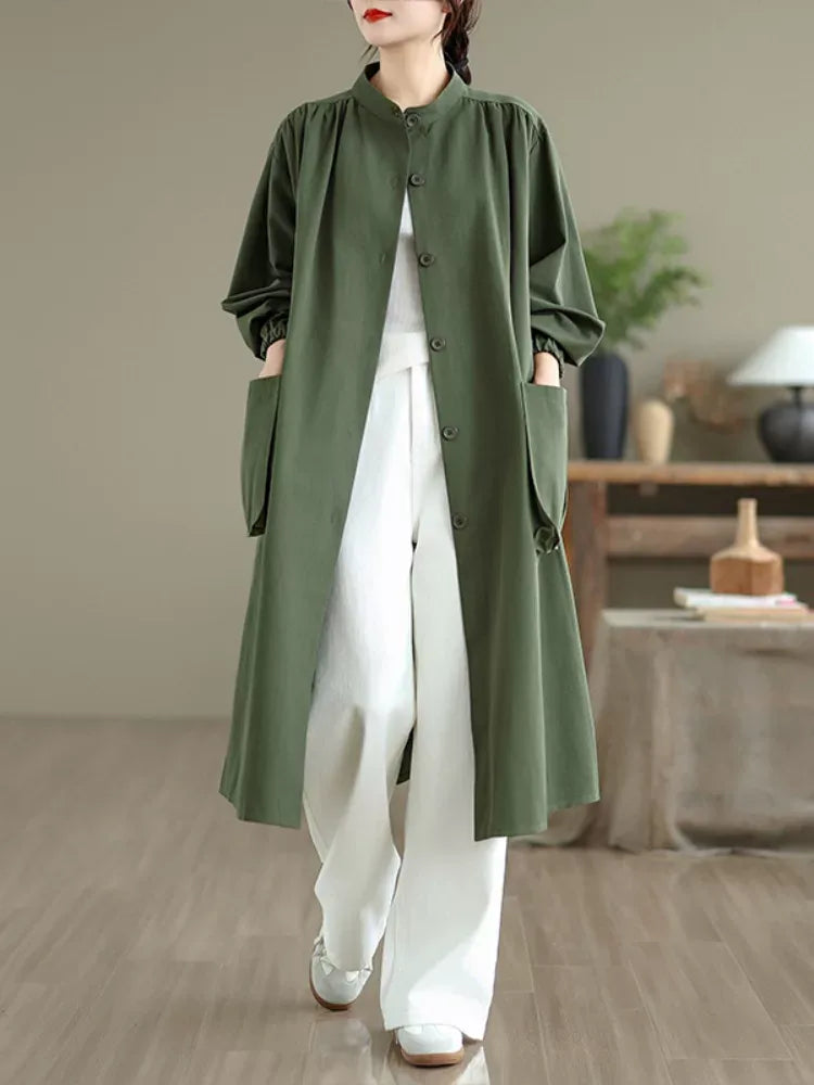 Stand Collar Button Front Textured Long Coat
