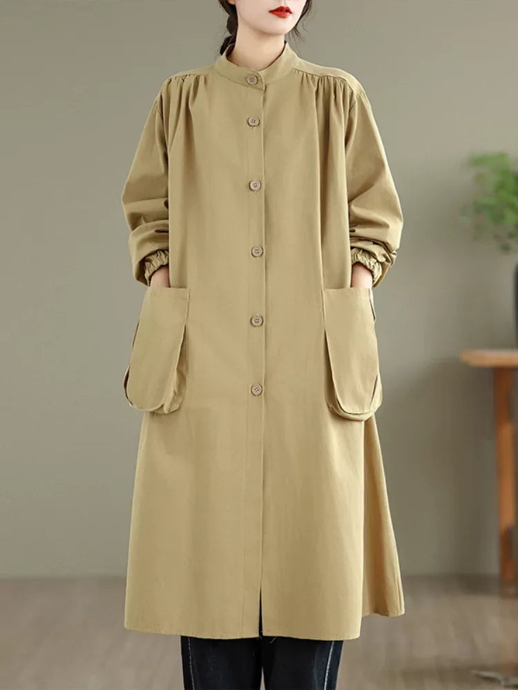 Stand Collar Button Front Textured Long Coat