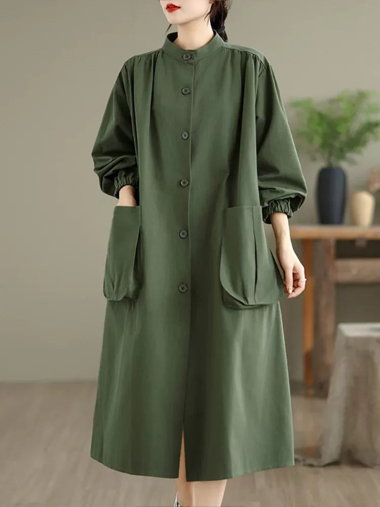 Stand Collar Button Front Textured Long Coat