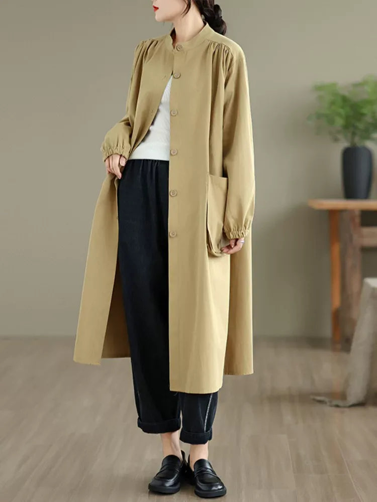 Stand Collar Button Front Textured Long Coat