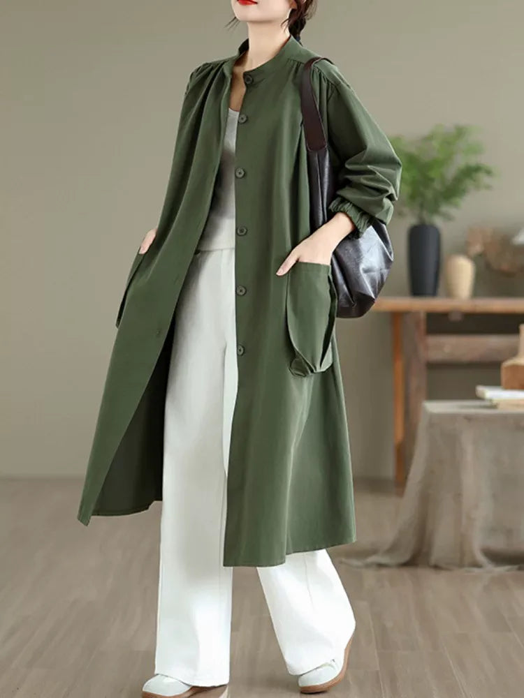 Stand Collar Button Front Textured Long Coat