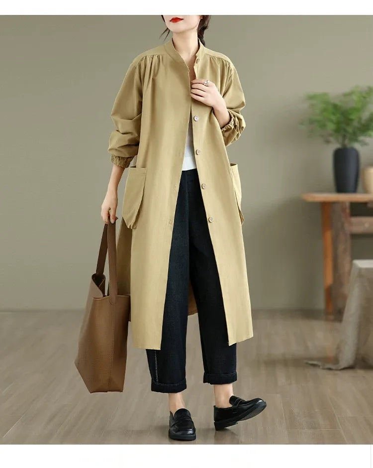 Stand Collar Button Front Textured Long Coat