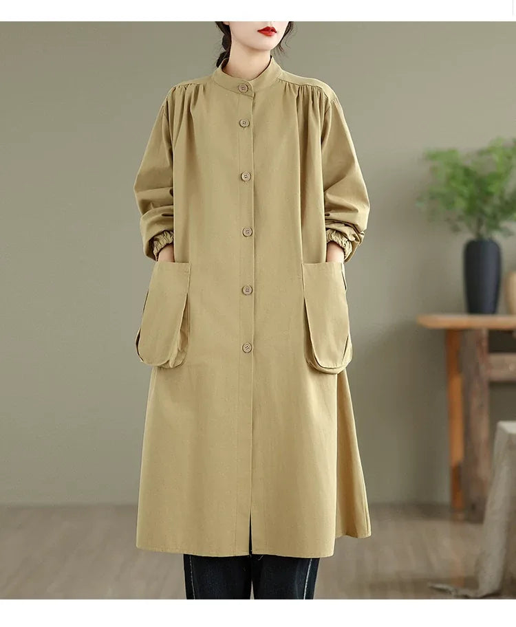Stand Collar Button Front Textured Long Coat