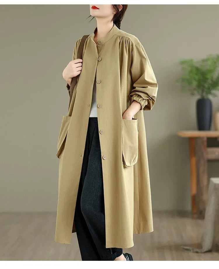 Stand Collar Button Front Textured Long Coat
