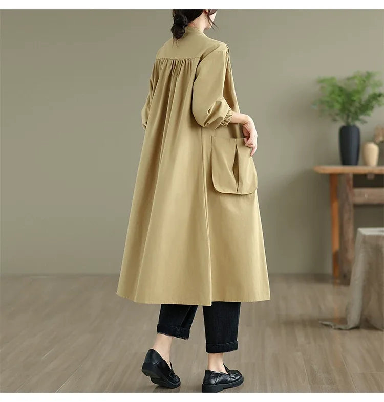 Stand Collar Button Front Textured Long Coat