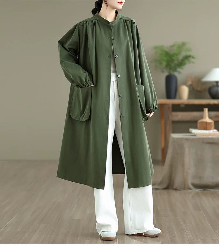 Stand Collar Button Front Textured Long Coat