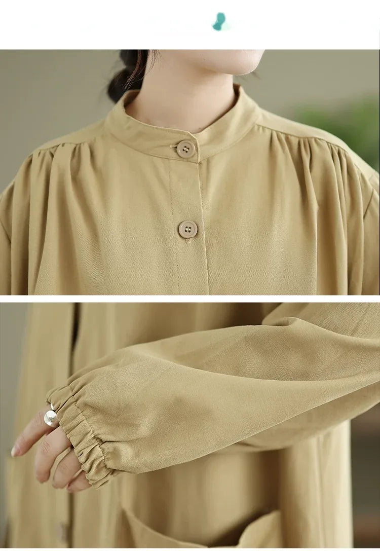 Stand Collar Button Front Textured Long Coat