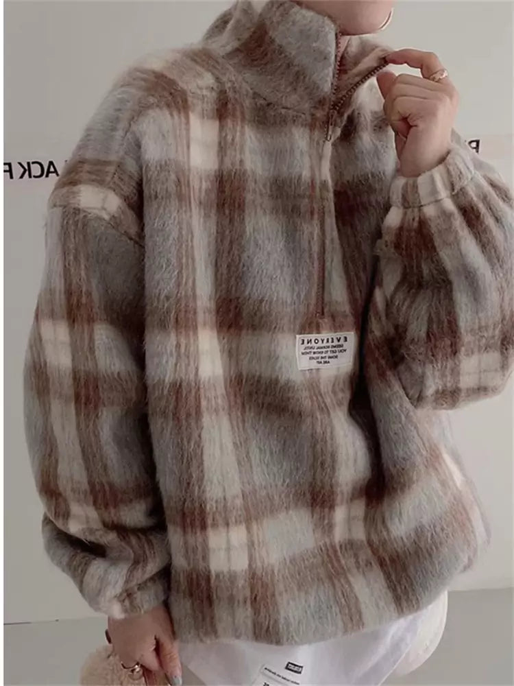 Stand Collar Fluffy Color-Blocked Plaid Wool Sweatshirt