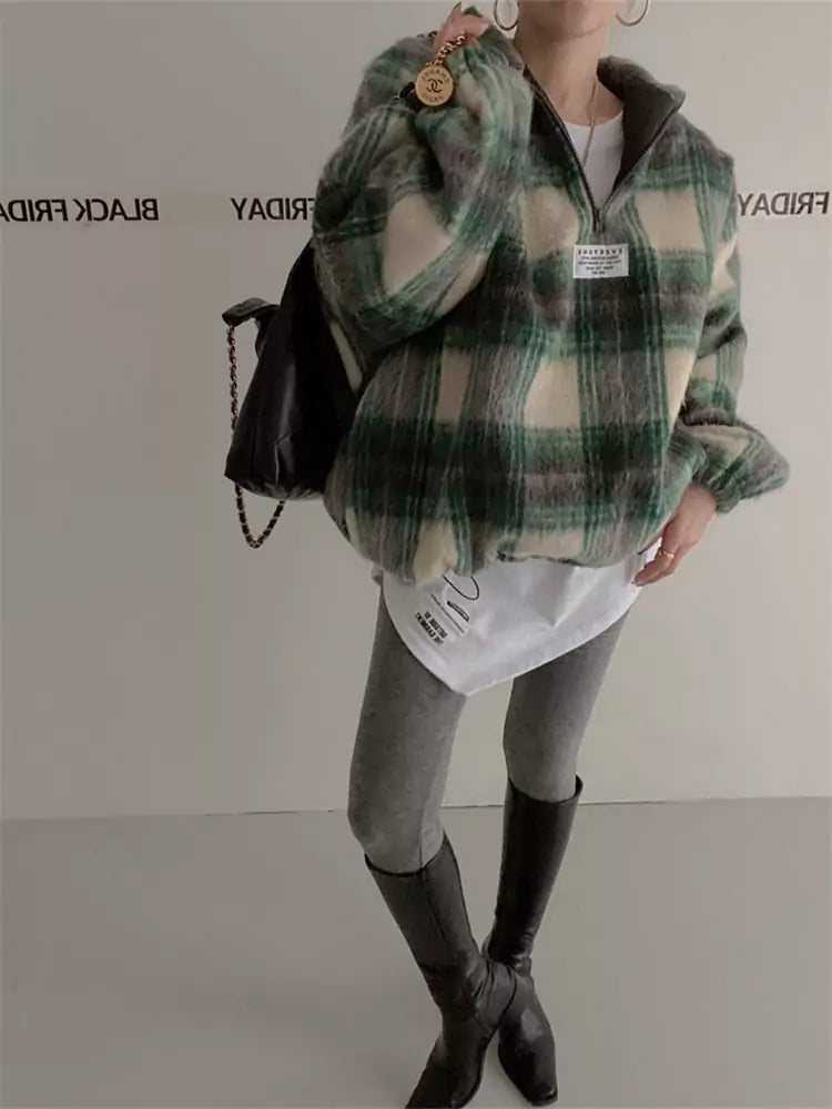 Stand Collar Fluffy Color-Blocked Plaid Wool Sweatshirt