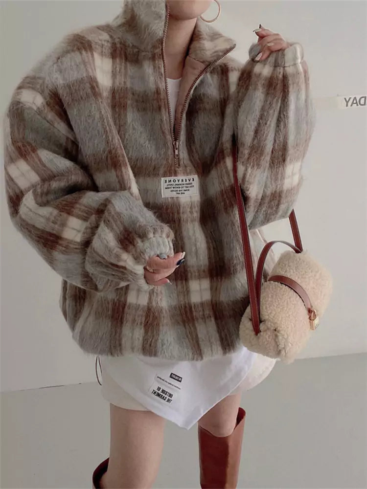 Stand Collar Fluffy Color-Blocked Plaid Wool Sweatshirt