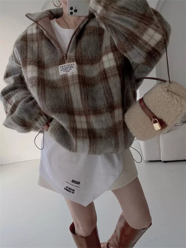 Stand Collar Fluffy Color-Blocked Plaid Wool Sweatshirt