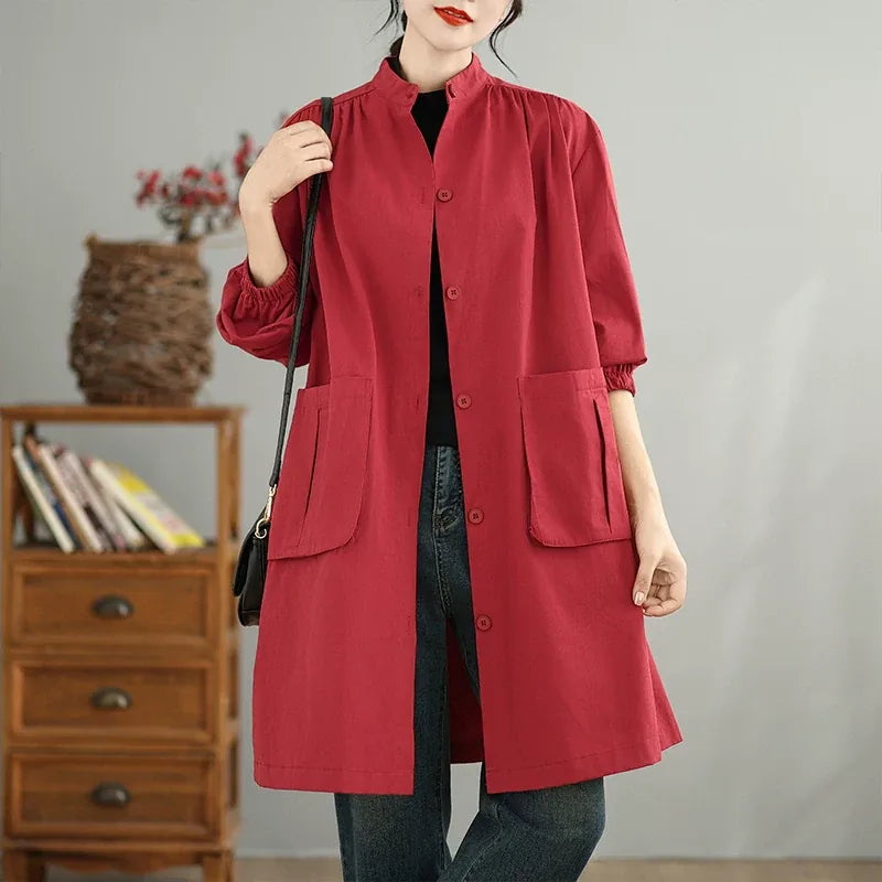 Stand Collar Lantern Sleeve Patch Pocket Long Coat