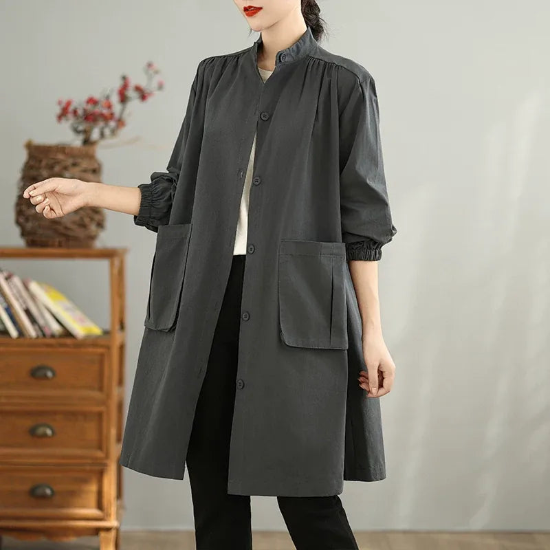 Stand Collar Lantern Sleeve Patch Pocket Long Coat