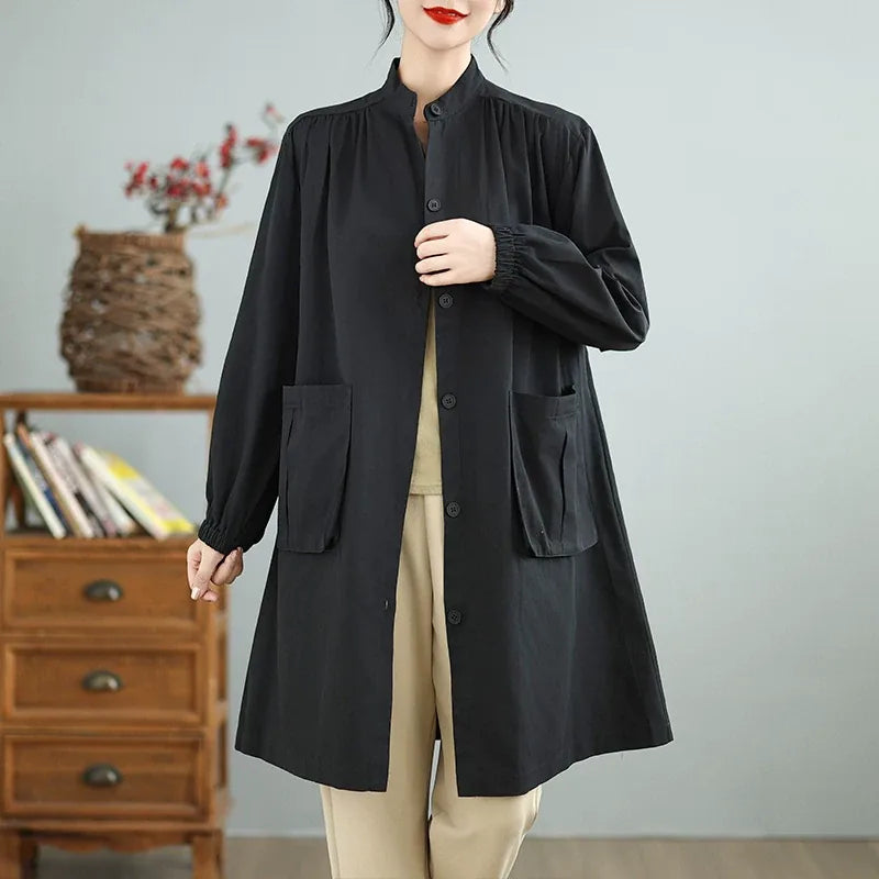 Stand Collar Lantern Sleeve Patch Pocket Long Coat