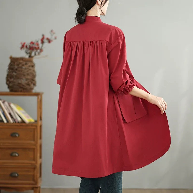 Stand Collar Lantern Sleeve Patch Pocket Long Coat