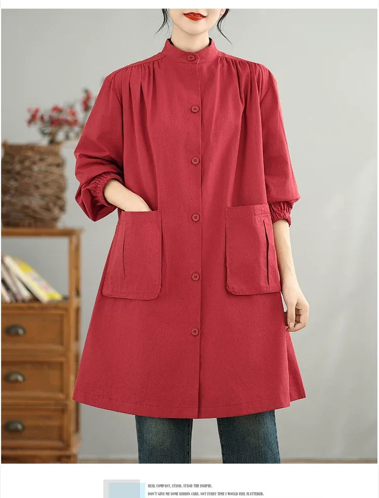 Stand Collar Lantern Sleeve Patch Pocket Long Coat