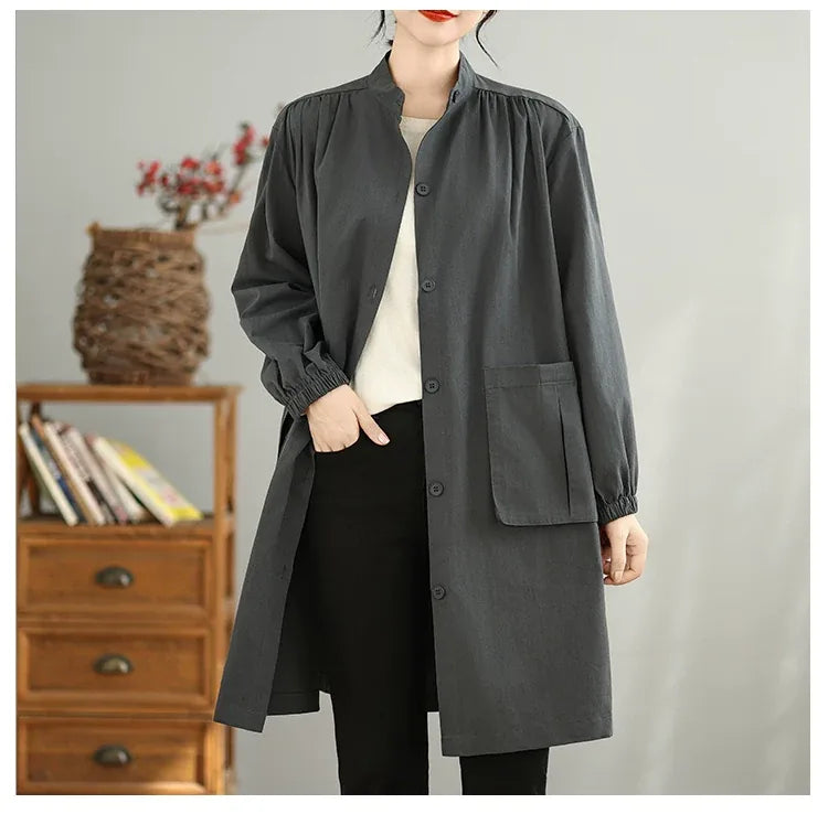 Stand Collar Lantern Sleeve Patch Pocket Long Coat