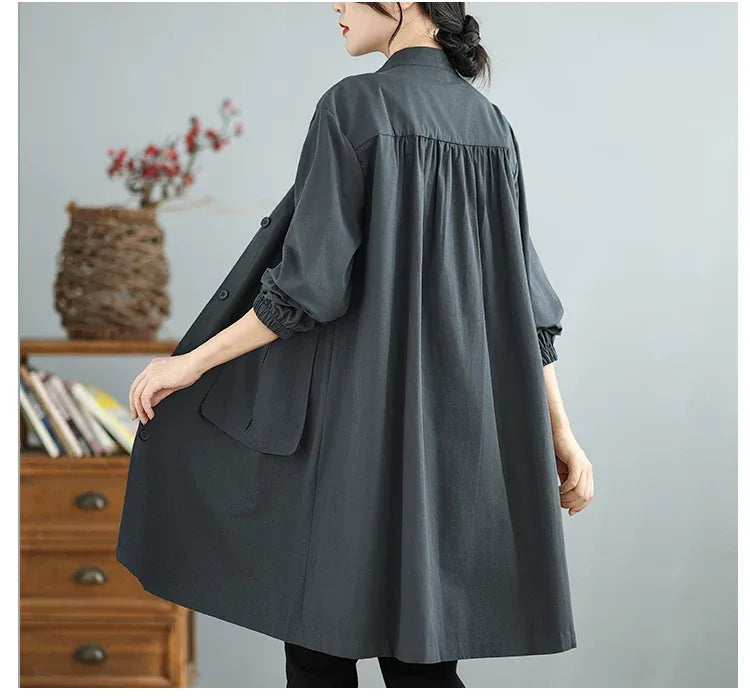 Stand Collar Lantern Sleeve Patch Pocket Long Coat