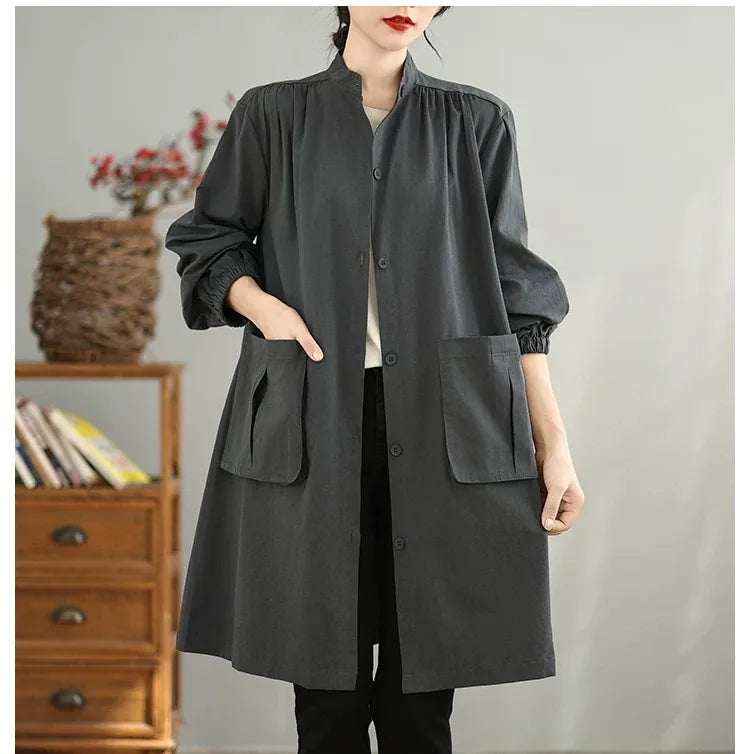 Stand Collar Lantern Sleeve Patch Pocket Long Coat
